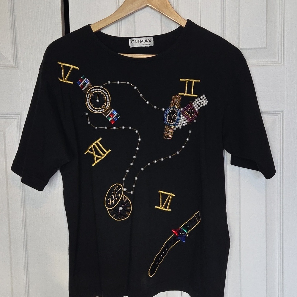 Black Graphic T-Shirt with Watch Design